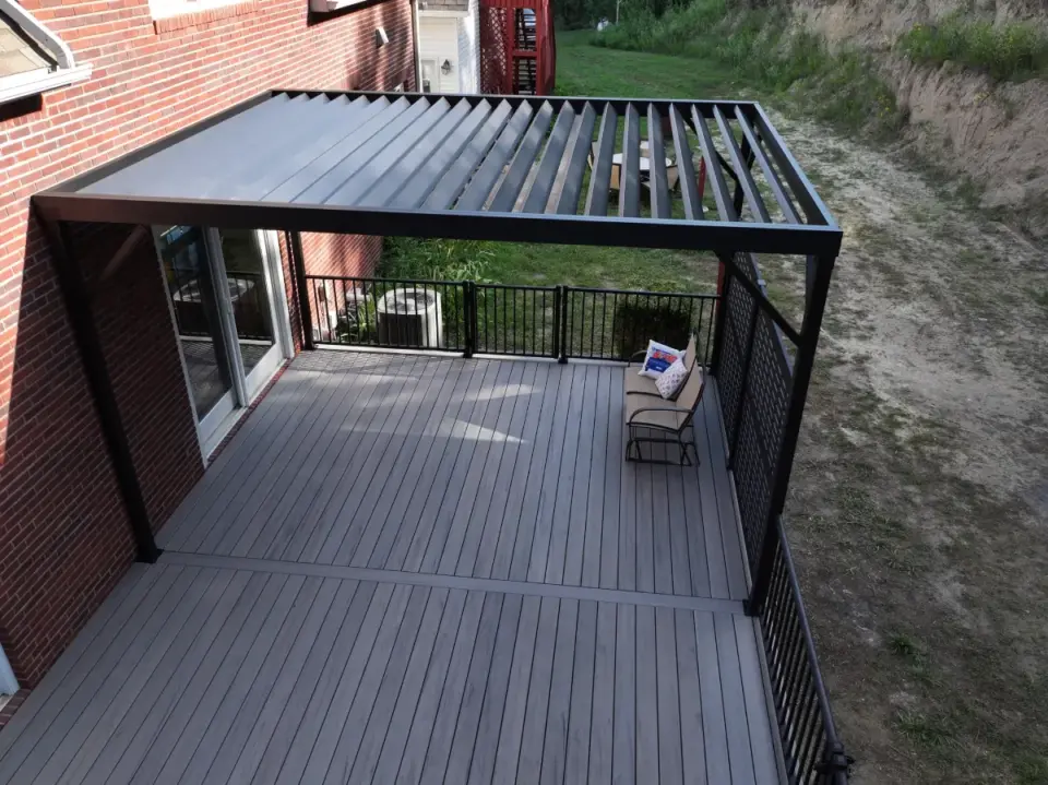 aerial-view-of-the-custom-pergola-on-the-residential-deck-with-black-metal-railing-in-omaha-ne