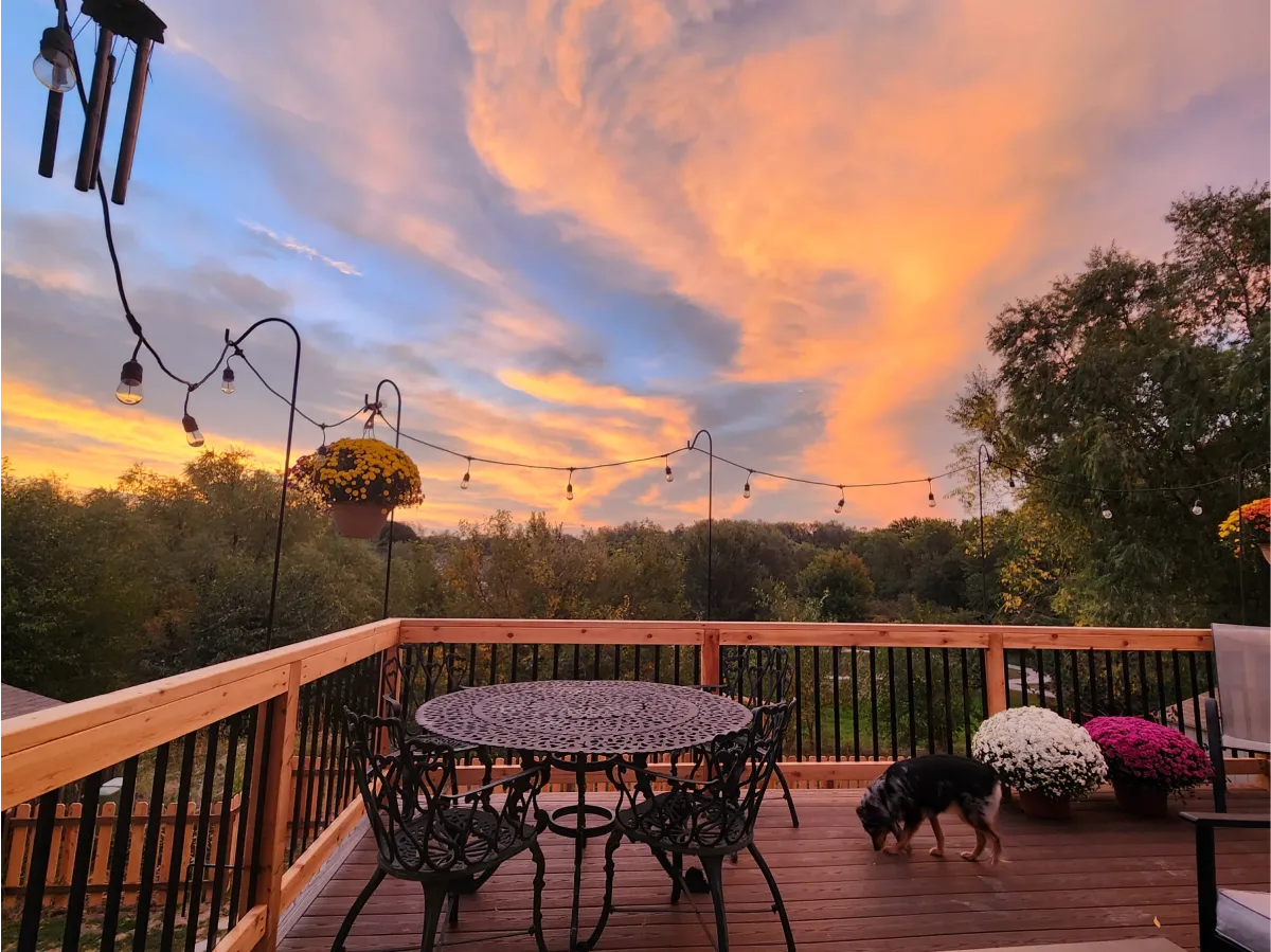 elevated-deck-with-outdoor-furniture-and-wire-lighting-and-a-dog-in-omaha-ne