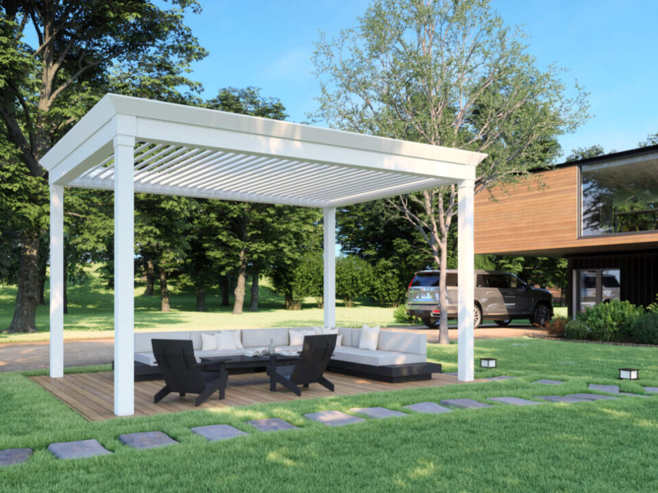 freestanding-white-pergola-with-outdoor-living-furniture-and-overlooking-nature-scenery-in-omaha-ne