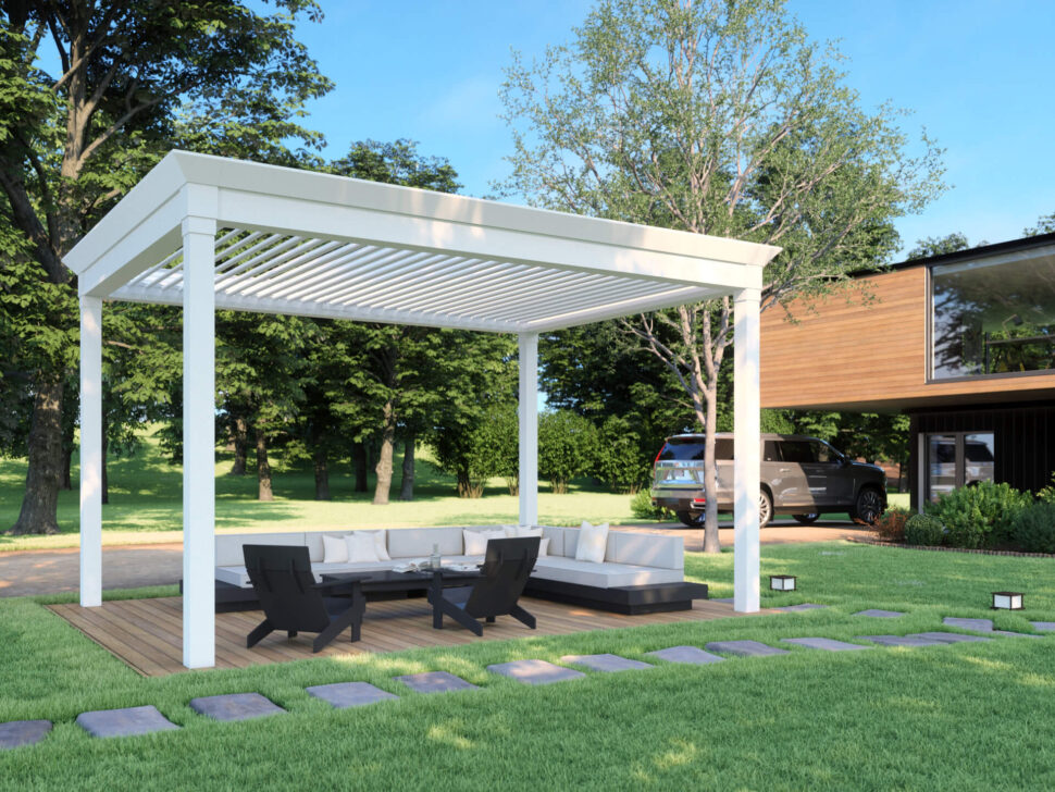 freestanding-white-pergola-with-outdoor-living-furniture-and-overlooking-nature-scenery-in-omaha-ne